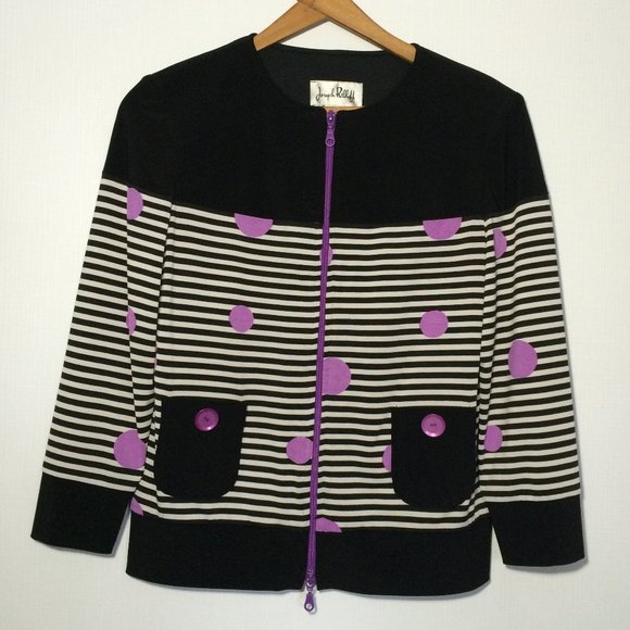 Joseph Ribkoff Full Zip Blouse Jacket Sz 8 Black White Striped Purple Dots - Picture 1 of 8